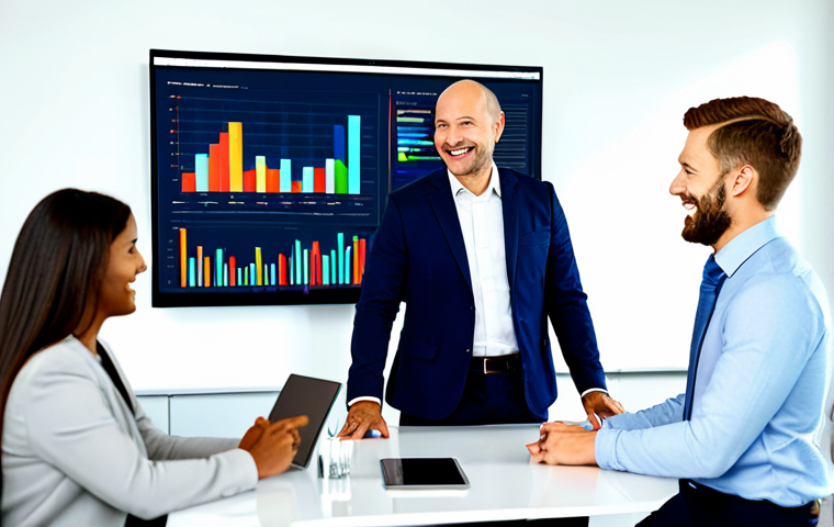 **

A bright, modern office setting. A diverse team of professionals is gathered around a large screen displaying a colorful data visualization dashboard. Charts and graphs illustrate marketing ROI, customer acquisition cost, and customer lifetime value. Everyone is fully clothed in appropriate business attire. The atmosphere is collaborative and positive, with smiles and engaged expressions. Safe for work, appropriate content, professional, family-friendly, perfect anatomy, correct proportions, natural pose, well-formed hands, proper finger count, natural body proportions.

**
